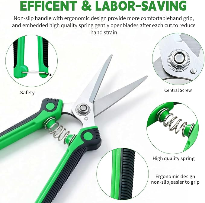 HoMaNa 4 Pack Garden Shears Pruning Set, Stainless Steel Multi-Blade | Sharp stainless steel blades with safety lock, spring ergonomic grips reduce hand strain, for flowers, bonsai garden