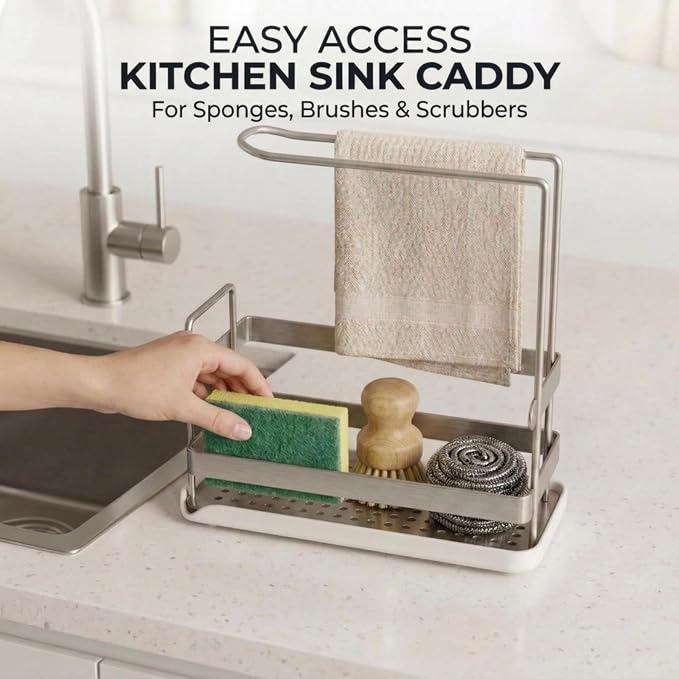 Kitchen Sink Caddy, Compact Sponge Brush Holder Brushed Nickel | Carbon Steel, Towel Rack & Removable Drain Tray, Sponge & Brush Organizer, Compact Sink Storage, Fits Standard Kitchen Sink