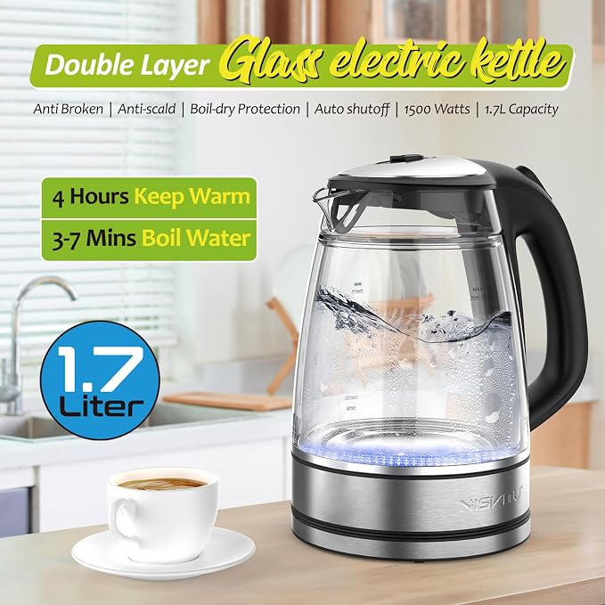 NISVITU 1.7L Dual Wall Cool Touch BPA-Free Electric Kettle, Black | Glass Inner+PC Outer, 1500W Fast Boil Cordless Hot Water Boiler Electric Tea Kettle, Auto Shut-Off+Keep Warm