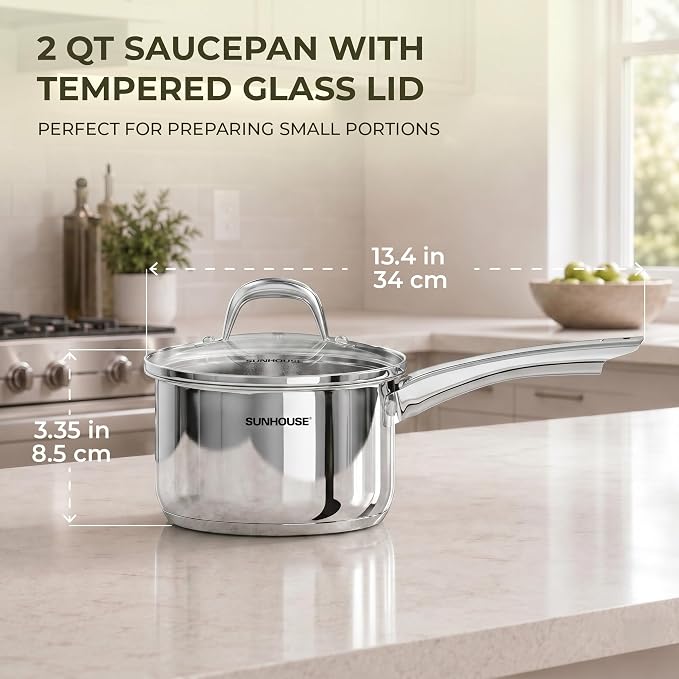 SUNHOUSE 2 QT Stainless Steel Sauce Pan with Lid, Small Pot for Cooking | PFOA-Free Uncoated Milk Pan & Butter Warmer, Mini Saucepan with Impact Bonding Base for Induction, Gas, Electric