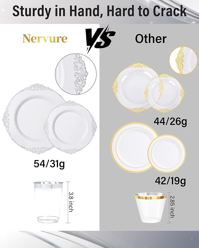 Nervure 700Pcs Silver Plastic Plates, Plastic Dinnerware Set for 100 Guests | 100 7.5" Dessert & 100 10.25" Dinner Plastic Plate, 300 Cutlery, 100 10oz Cups, 100 Napkin for Wedding & Party, Heavy-duty