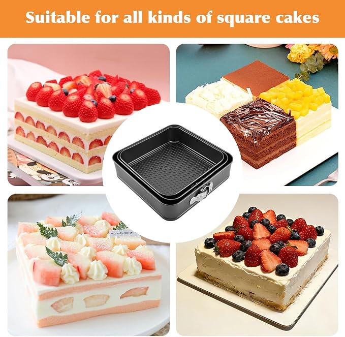 Springform Pan Set of 3 (9,10,11 Inch) - Square Shaped Leakproof Cheesecake Pans with Removable Bottom, Nonstick Carbon Steel Cake Tin for Valentine‘s Day, Anniversary Baking (Square)