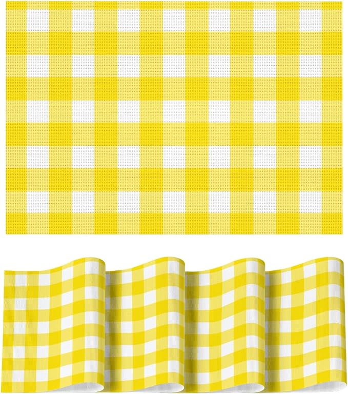 Artoid Mode Buffalo Plaid Vinyl Placemats Set of 4, 12x18 Inch Washable Non-Slip Heat Resistant Plastic Place Mats for Party Dining Table, Yellow/White