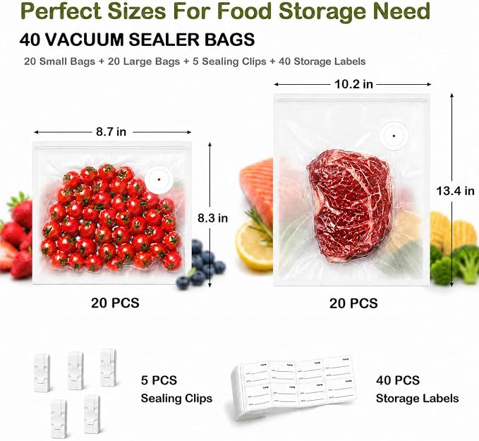 40 PCS Reusable Vacuum Sealer Bags for Food with Air Valve | BPA-Free, Double Zipper, Leak-Proof Sous Vide Bags for Microwave Heating, Cooking and Freezer Storage (20 Small+20 Large)