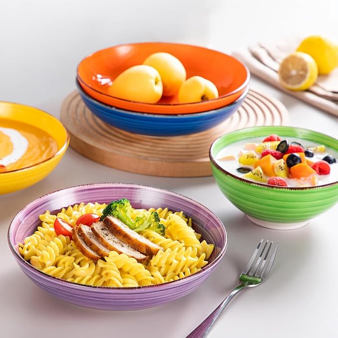 vancasso Bonita Dinnerware Sets, 24 Pieces Multicolor Stoneware Dinner Set | Handpainted Spirals Pattern Ceramic Plates and Bowls Sets, Kitchen Plate Set for 6 Dishes Sets-Microwave and Dishwasher Safe