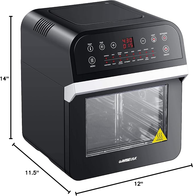GoWISE USA GW44800-O Deluxe 12.7-Quarts 15-in-1 Electric Air Fryer Oven with Rotisserie and Dehydrator + 50 Recipes QT, Black/Silver