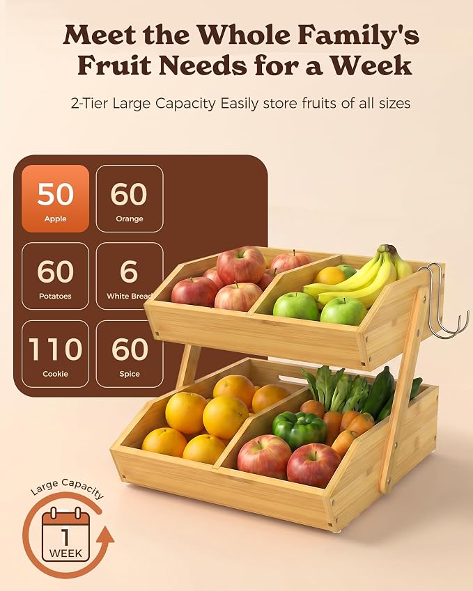 2-Tier Bamboo Fruit Basket with 2 Banana Holders | Large tiered organizer for bread, snacks, veggies. Sturdy bamboo, includes mats & dividers. Easy to assemble.
