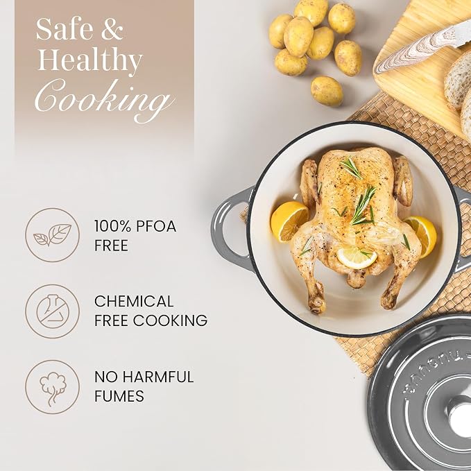 Nuovva Enamelled Cast Iron Dutch Oven Pot with Lid-6.4 Quart Non Stick Casserole Pot-Heavy Duty & Oven Safe up to 500° F for Bread Baking, Braising, Stews, Roasting - 28cm Grey