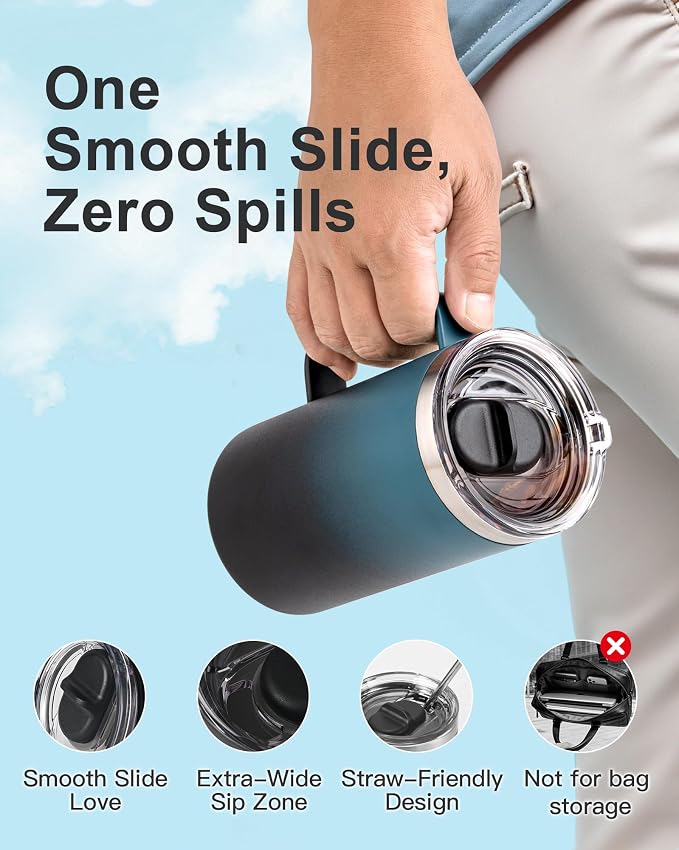 Insulated Travel Large Coffee Mug with Handle, Coffee Tumbler Cup 24oz | Detachable Lid for Thoroughly Clean, Thermal Cup with Double-Wall Stainless Steel Vacuum Insulation, Spill Proof & BPA Free