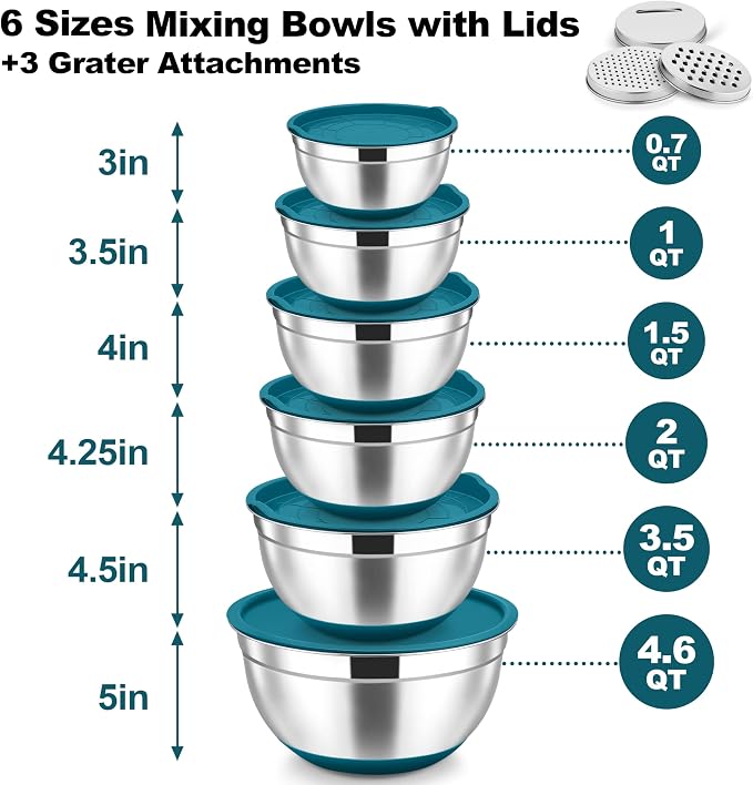 TeamFar Mixing Bowls, Stainless Steel Salad Bowl with Lid & Graters -Blue | 6 PCS for Kitchen Baking Serving Prepping, Container for Dough Veggie Fruit, Non-Slip & Nesting, 4.6 /3.5 /2 /1.5 /1 /0.7 QT