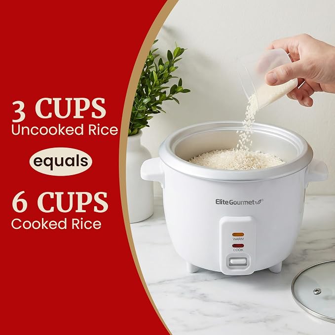 Elite Gourmet ERC-003X Rice Cooker, Keep Warm, White, 6 Cups Cooked | 3 Cups Uncooked - Also Makes Soups, Stews, Grains and Hot Cereals for Versatile One-Pot Meals