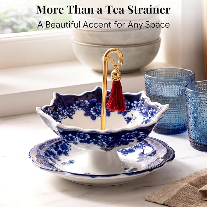Umbrella Tea Strainer Chinese Blue and White Porcelain Strainer Umbrella Shape Ceramic Tea Infuser with Rotating Design Multi Purpose Infuser for Kung Fu, Coffee, Brewing