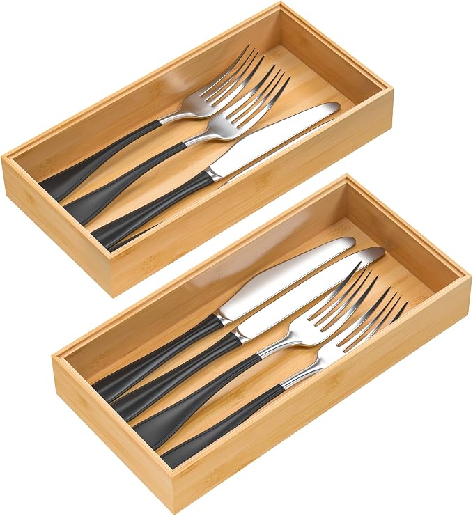 VeyFey Silverware Tray for Drawer, Stackable Kitchen Bamboo Drawer Organizer 12" x 6" x 2" Set of 2