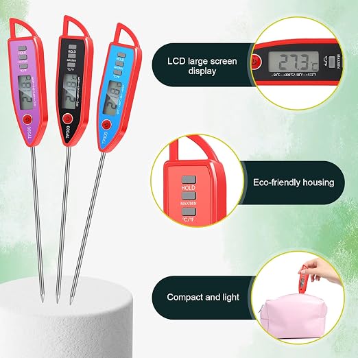 10 Set Digital Food Thermometer Long Probe Instant,Red | Waterproof for Water, Liquid, Candle and Cooking Meat Thermometer Read for Kitchen BBQ Grill Candy