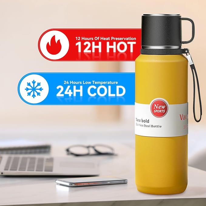 Stainless Steel Insulated Tea Infuser Bottle, Vacuum Insulated Water Bottle, Tea Tumbler with Separate Tea Compartment, 24-Hrs Insulation Commute Travel (Yellow,32oz/1000ml)