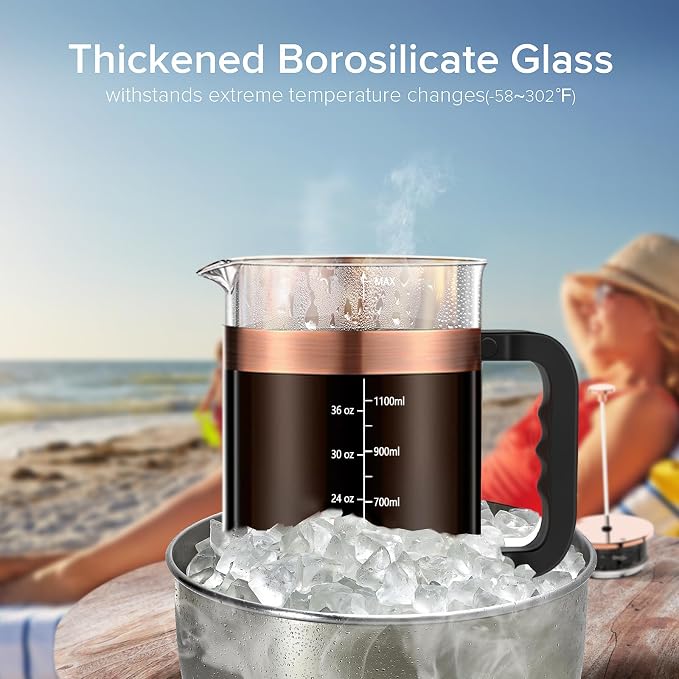 QUQIYSO French Press Coffee Maker 51oz, Large French Press, Thickened Glass | Borosilicate Glass Plastic Free Coffee Maker, Easy to Clean,4 Filter, Coffee Press Suitable for Kitchen Party Camping(Copper)