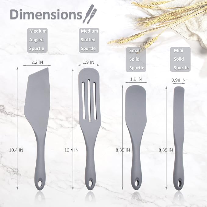 Tongjude Silicone Spurtle Set, Silicone Spatula Set, Heat Resistant Cooking Utensil for Nonstick Cookware, Serving，Baking, Whisking, Smashing, Scooping, Spreading, 4 Piece