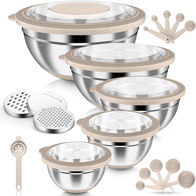 HaWare Stainless Steel Mixing Bowls with Airtight Clear Lids, Khaki | 24-Piece, 5 Nesting Bowls: 4.6/2.6/1.5/1/0.7 QT, Includes 3 Graters, Non-Slip, For Serving, Prepping, Storing