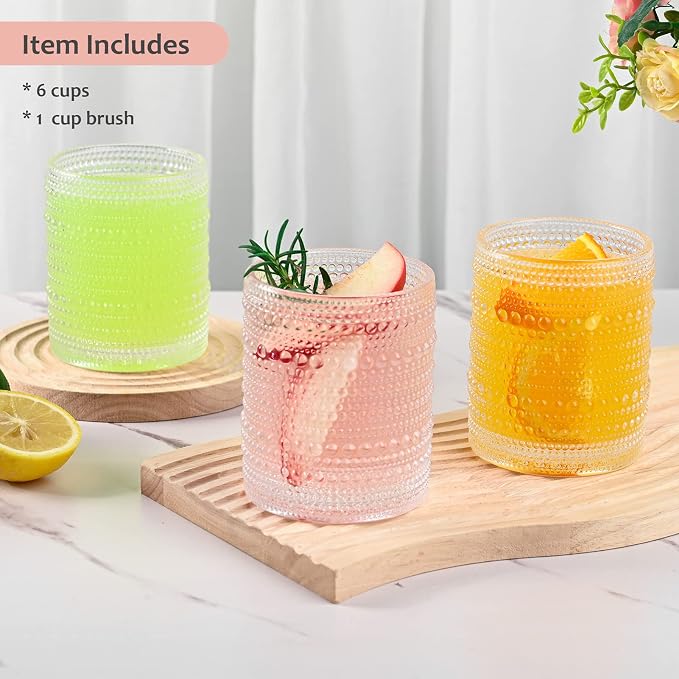 ZMOWIPDL Drinking Glasses Set of 6,12oz Clear Hobnail Glass Cups | Vintage Glassware，Embossed Water Tumbler,for Beer,Cocktail,Whiskey,Juice and Various Mixed Drinks- 1 Cleaning Brush