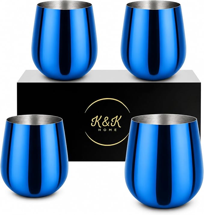 K&K Home Stainless Steel Unbreakable Stemless Wine Glasses - 15 oz - Set of 4 Colored, Stemless Metal Wine Glasses Perfect for Outdoors, Weddings, and Parties (Shiny Blue)