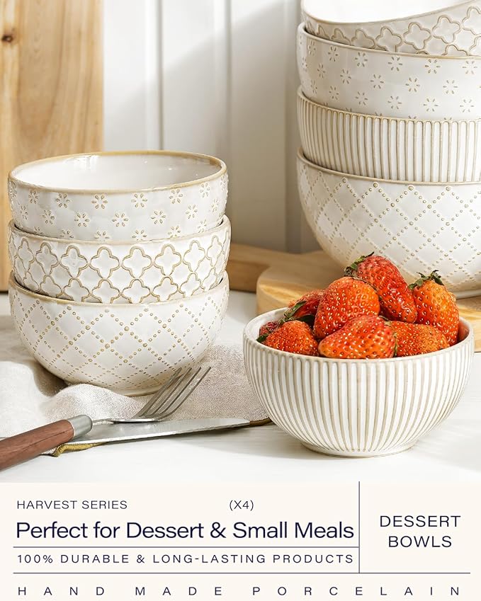 getstar Ceramic Bowl, Small Soup Bowls Set of 4 with Assorted Embossment (4.5 inch & 10 oz), Farmhouse Vintage Color Bowls for Kitchen