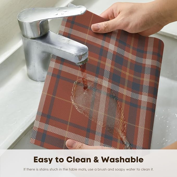 Artoid Mode Stripe Plaid Vinyl Placemats Set of 4, 12x18 Inch Washable Non-Slip Heat Resistant Plastic Place Mats for Party Dining Table, Rust