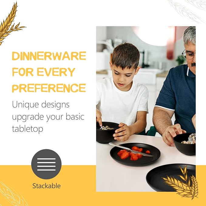 Teivio 32-Piece Plates and Bowls Sets for 8, Deep Black Dinnerware Sets | 13.5oz Cups, Plastic Wheat Straw Unbreakable Dish Set, Dishwasher Safe, for Outdoor Camping RV Apartment Essentials Plate Set