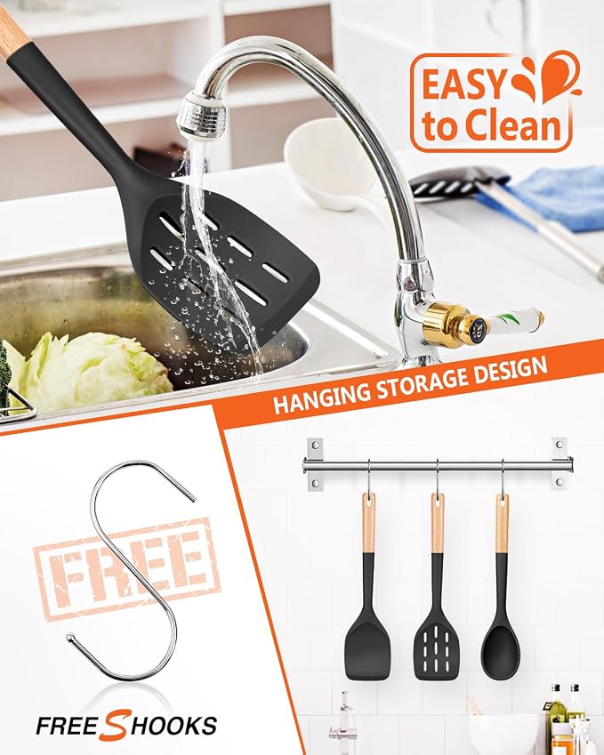 Pack of 3 Silicone Spatula, Non Stick Cooking Utensil Set, Black | Heat Resistant, Non Scratch, Wooden Handle Kitchen Turner for Baking Mixing Grilling Serving Food