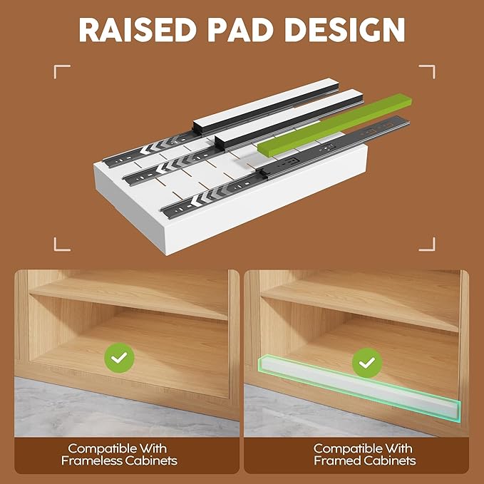 Seinloes 4 Pack Expandable Pull Out Cabinet Organizer 21" Deep with Raising Pad for Framed Cabinets,Upgrade 3 Slide Rails Slide Out Drawers,Roll Out Shelves Adhesive,Adjustable Width 9"-14.1" White