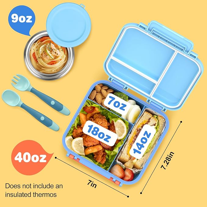 Bento Lunch Box for Kids with 9oz Thermo, Waterproof Kids Stickers, Leak-proof Lunch Containers with 3 Compartments,Kids-friendly Size,Durable/Dishwasher Safe Lunch Box for School Outdoors-Blue