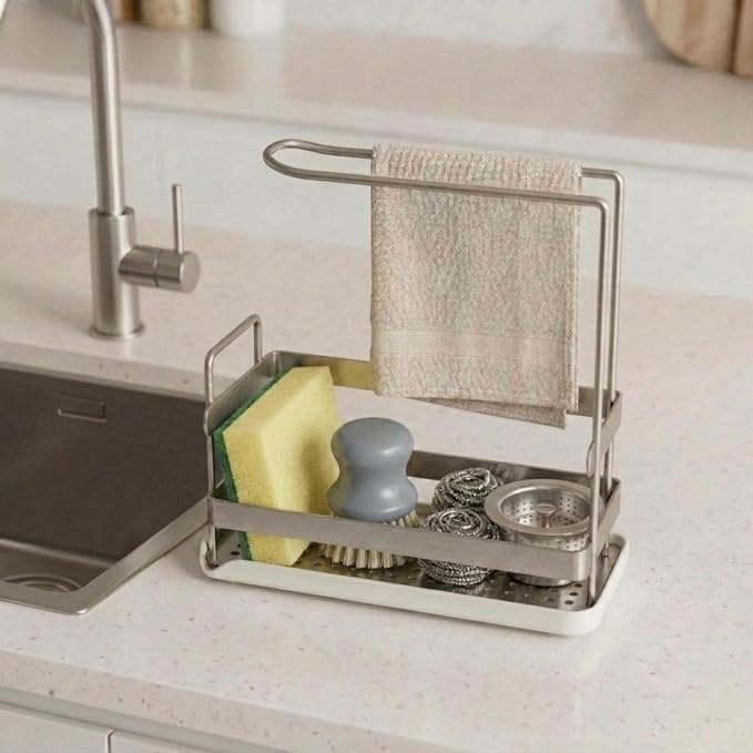 Kitchen Sink Caddy, Compact Sponge Brush Holder Brushed Nickel | Carbon Steel, Towel Rack & Removable Drain Tray, Sponge & Brush Organizer, Compact Sink Storage, Fits Standard Kitchen Sink