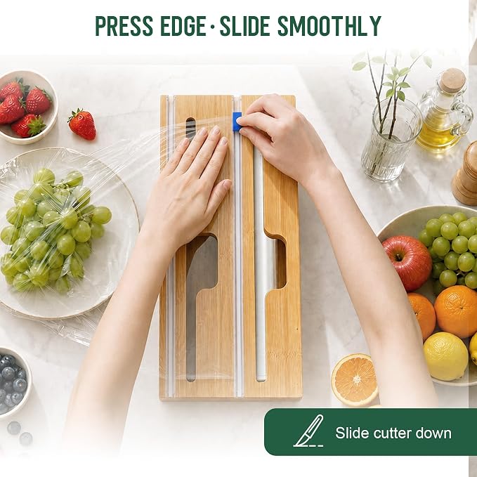 Reclosable Poly Bag Organizer for Kitchen Drawer, 5-Slot | Bamboo, 5 Independent Boxes, Slide Cutter, Magnetic Lid, Space-Saving Drawer Organizer