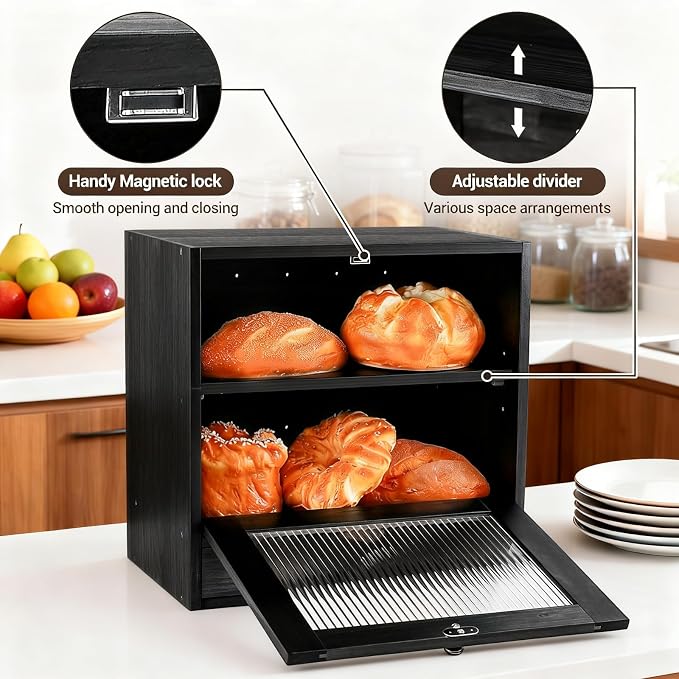 Garvee Bread Box for Kitchen Countertop with Drawer, 2-Tier Large Wooden Bread Storage Bin with Cutlery Organizer, Farmhouse Bread Keeper for Homemade Bread with Acrylic Window, Black