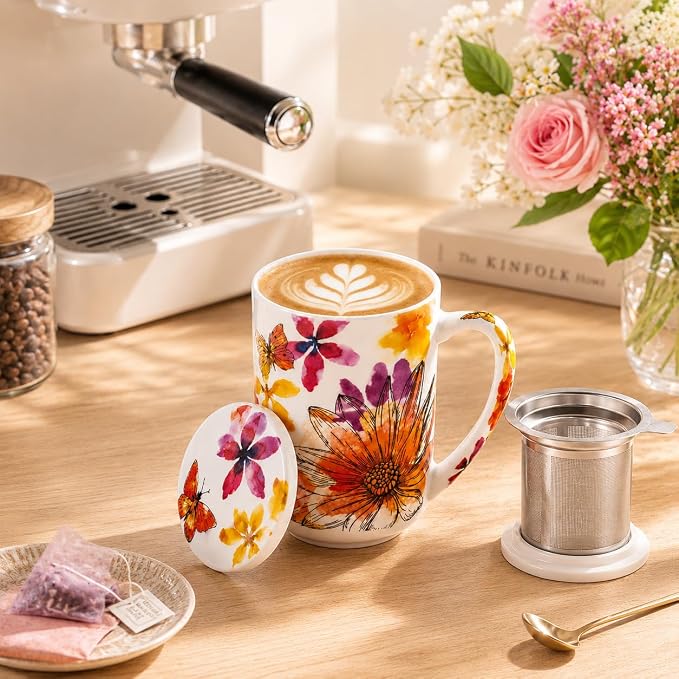 GBhome Tea Mug with Infuser and Lid,18 Ounce Ceramic Loose Leaf Cup Steeper | Lead-Free Glaze For Tea Lovers,Microwave & Dishwasher Safe with Tea Strainer