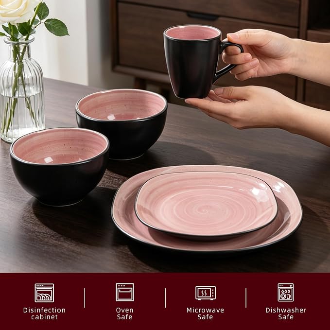 HomeVss, Stoneware Square 16pc Dinnerware Set, Inside Spinwaseh Swirl Rose + Outside Black