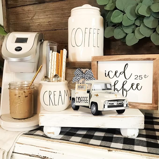 Hooqict Coffee Bar Decor Mini Metal White Truck with Beans Burlap Sack for Home Farmhouse Kitchen Tiered Tray Decor Coffee Bar Accessories Coffee Station Decorations