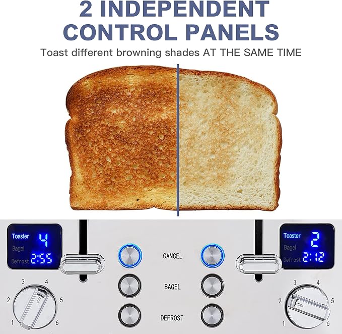 CUSIMAX 4 Slice Stainless Steel Toaster with Digital Display, Silver | LED Display with Countdown Timer, 6 Browning Levels, Bagel/Defrost/Cancel, Dual Independent Controls, 1.5" Extra Wide Slots