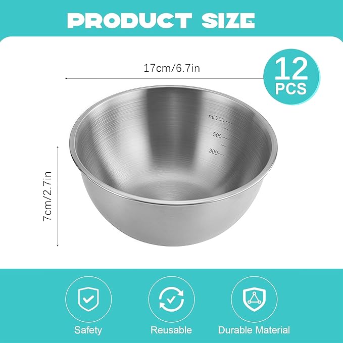 12 Pcs 304 Stainless Steel Mixing Bowls with Graduations, Metal Serving Salad Bowls, Reusable Baking Food Storage Containers for Baking, Cooking, Making Salads, Soups, Ice Cream, Noodles, cereal