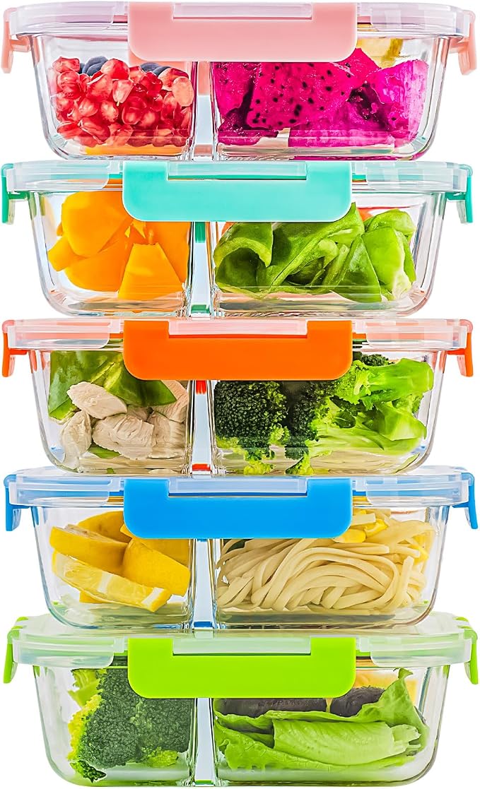 [5-Pack,36 Oz] Glass Meal Prep Containers 3 Compartments with Locking Lids | Divided Glass Portion Control Food Storage Containers with Lids, Glass Lunch Box with Dividers