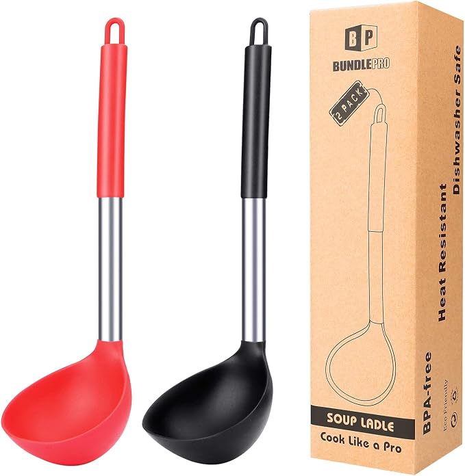 BUNDLEPRO Silicone Ladle Spoon Kitchen Utensils, 2 Pack, Black-Red | Non Stick, High Heat Resistant, BPA Free, Ideal for Cooking, Stirring, Serving Soups
