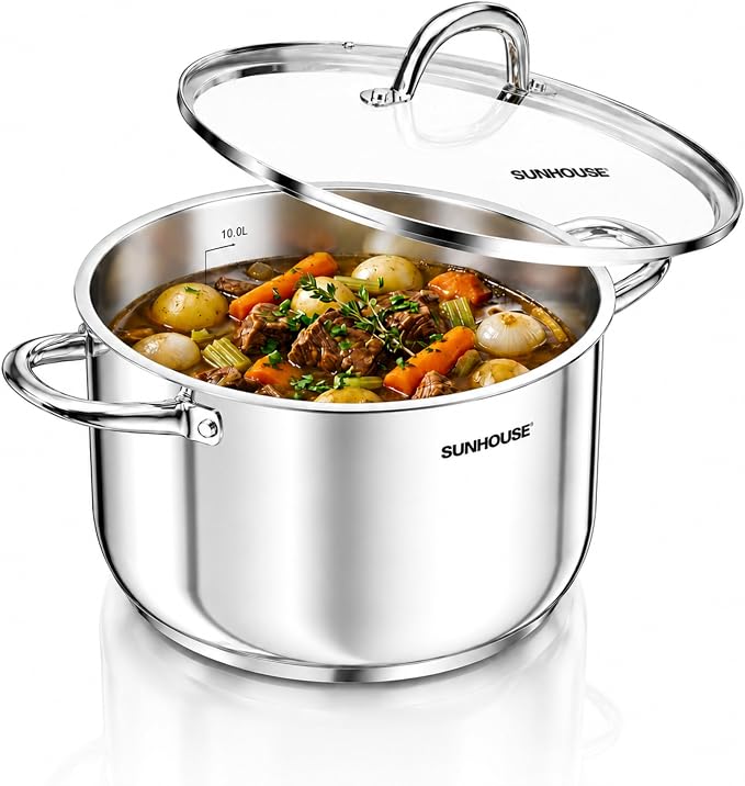 SUNHOUSE 12 Quart Stock Pot with Lid, Stainless Steel Large Pot for Cooking | Big Pots for Pasta, Soup - Stockpot for Canning, Seafood Boil with Impact Bonded Base - Oven Safe & Induction Compatible