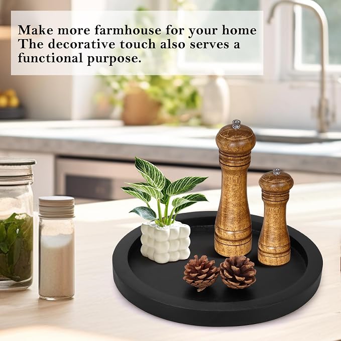 Black Round Wood Decorative Tray for Coffee Dining Table Centerpiece Decor | Small Wooden Serving Trays Farmhouse Kitchen Island Living Room Decor Candle Plates Holder Bathroom Counter Tray Accessories
