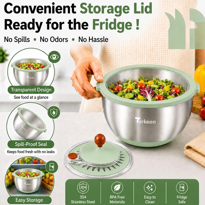 Stainless Steel Salad Spinner with Storage Lid, 5.3Qt, | BPA-Free, 5-in-1 lettuce spinner with non-slip base, dishwasher safe, 5 slicer blades, egg yolk separator, Stop Button