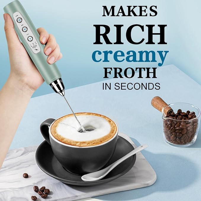 Milk Frother Wand Rechargeable Handheld Whisk Coffee 3 Speed Adjustable | Electric Whisk Drink Mixer with Stainless 3 Whisks Hand Frother , Foam Maker for Latte Cappuccino Matcha Egg Silver