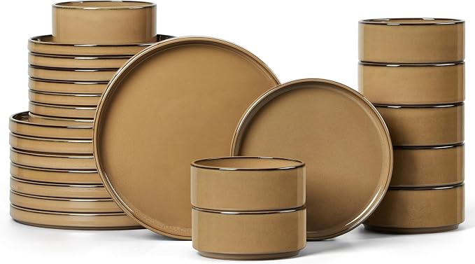 LIANYU 24 Piece Stoneware Dinnerware, Plates and Bowls Dishes Set for 8 | Modern Elegant Dinning Dishware for Dinner Salad Cereal, Dishwasher & Microwave Safe, Terracotta Bottom, Amber Gold