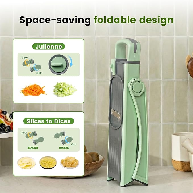 4-in-1 Mandoline Slicer Vegetable Chopper with Adjustable Blades | vegetable slicer with adjustable thickness, julienne, dicer and fry cutter functions, with foldable design and container