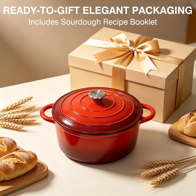 Enameled Cast Iron Dutch Oven Pot with Lid 5.5QT, Sourdough Bread Baking Supplies with Banneton Bread Proofing Basket Set & Starter Jar, Unique Dutch Oven for Bread Baking (Gradient Red)