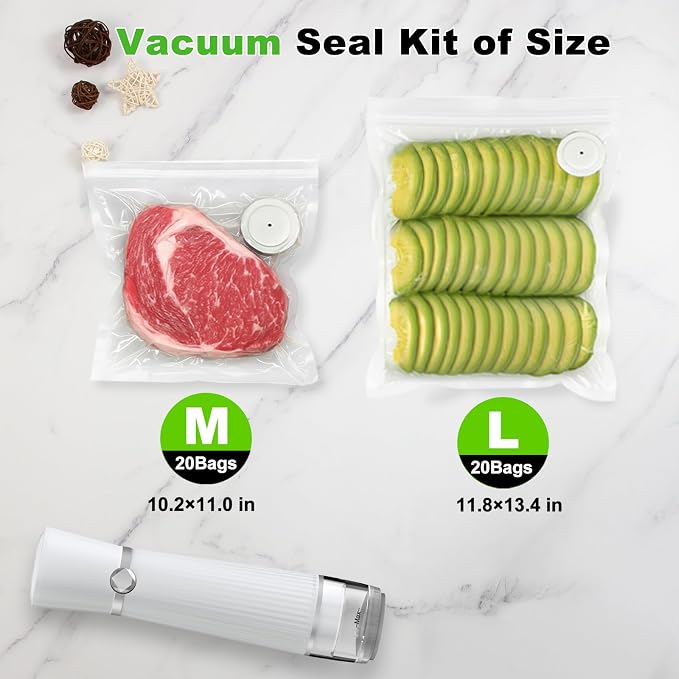 Vacuum Sealer for Food with 40 Bags, 80Kpa Food Sealer for Kitchen | 2000mAh Rechargeable&Portable, Handheld Vacuum Sealer Machine for Meal Prep Food Storage to 10X Preservation & Fresh