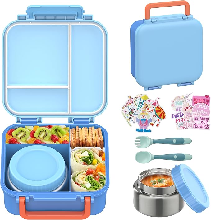 Bento Lunch Box for Kids with 9oz Thermo, Waterproof Kids Stickers, Leak-proof Lunch Containers with 3 Compartments,Kids-friendly Size,Durable/Dishwasher Safe Lunch Box for School Outdoors-Blue