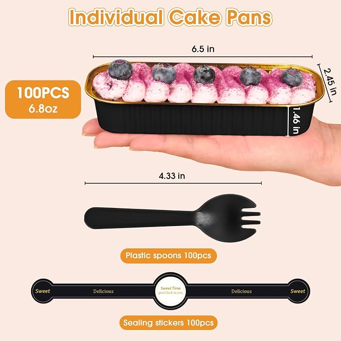 100 Pack Mini Cake Pans with Lids and Spoons, Disposable Aluminum Foil Cake Tins（6.8oz） Individual Small Cake Baking Containers for Party, Wedding, Birthday